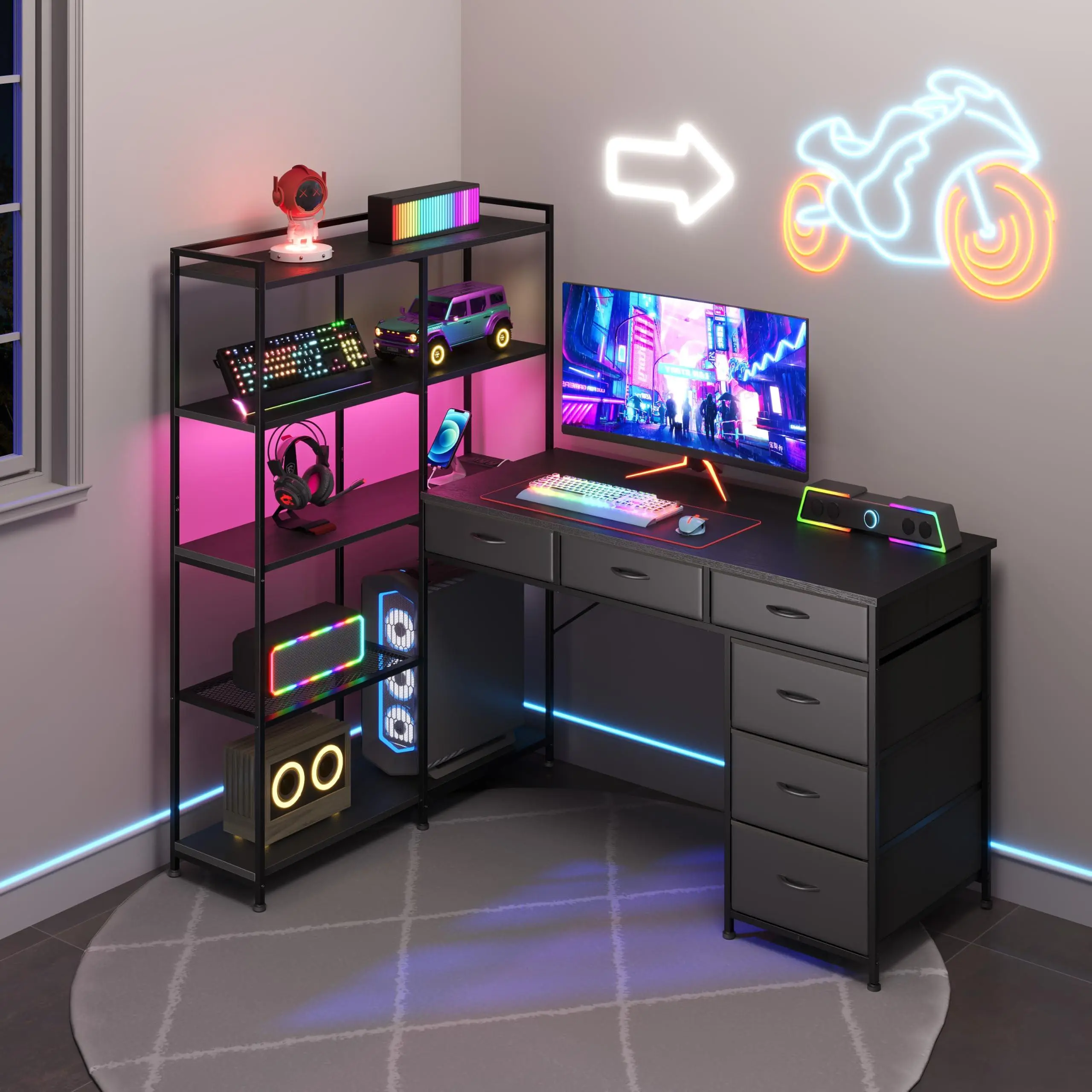 GARVEE Modern L-Shaped Computer Desk with 6 Drawers, 5-Tier Open Storage Shelves, LED Lights & Power Outlets, 47.2'' Corner Workstation for Home Office, Study, or Gaming – Black Textured Finish
