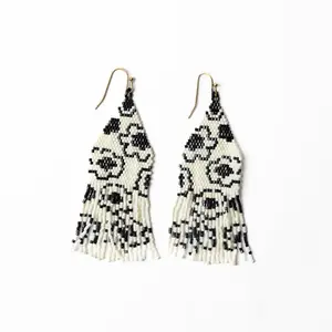 Delilah Poppies Beaded Fringe Earrings Ivory/Black