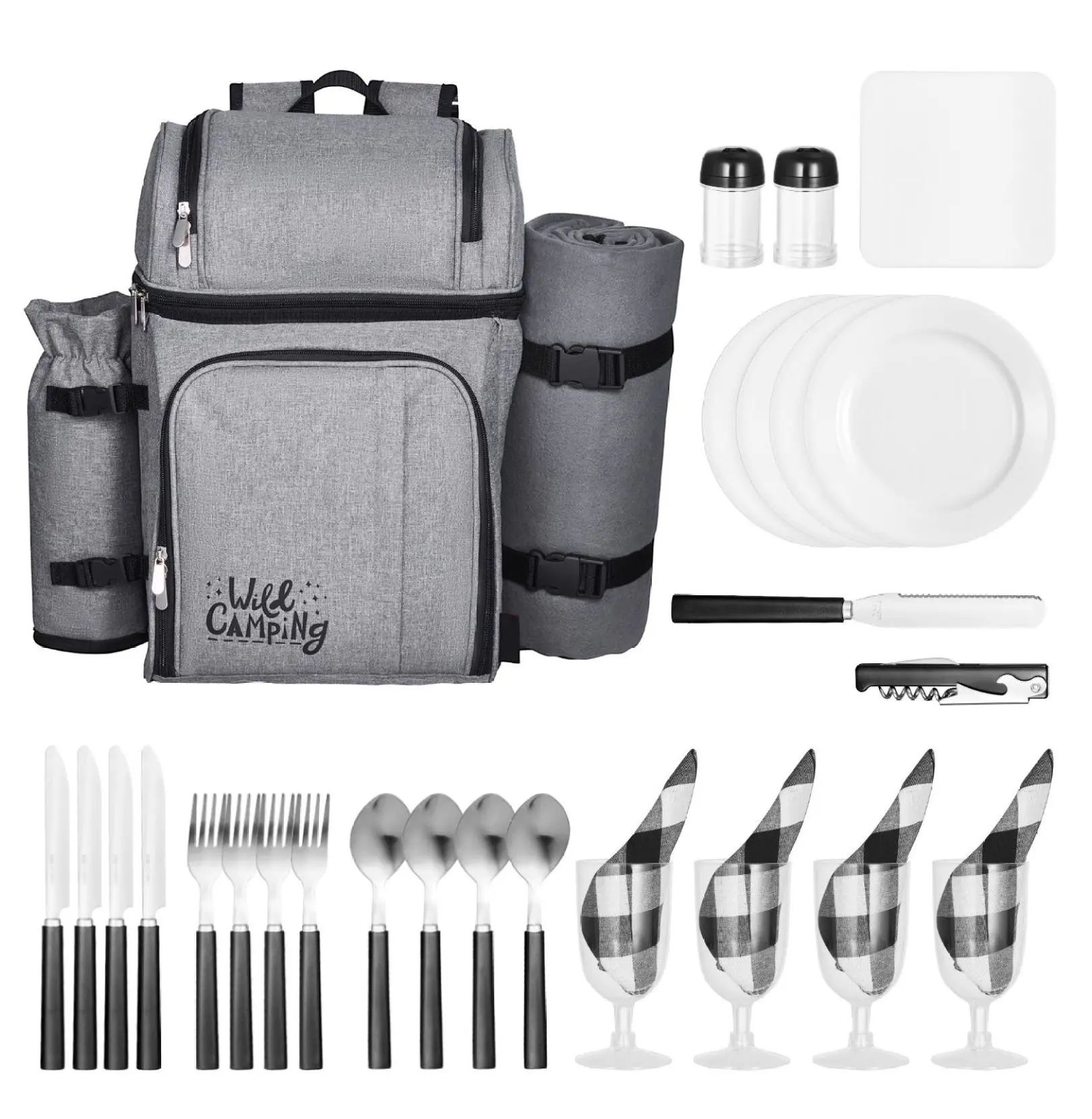 Picnic Backpack for 4 Person with Cooler, Beach Picnic Basket Set with Wine Holder & Blanket - Hiking, Camping, Outdoor Travel - Grey Double-deck Gray