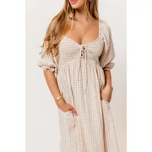 Cecilia 100% Cotton Smocked Maxi Dress in Rose Plaid (Lined) - Bump Friendly