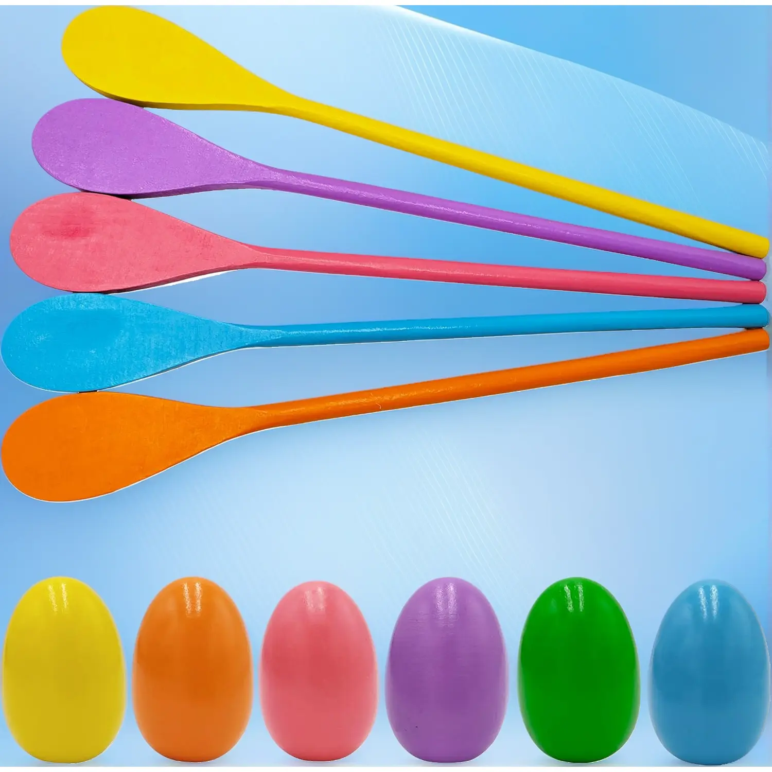 Chochkees 6 Wooden Easter Eggs and 6 Wooden Spoon Race Game Set, 6 Sets, Multi-Player Carnival Game for Kids & Family Activity Holiday Outdoor Yard Easter Egg Hunt Birthday Party Lawn Games