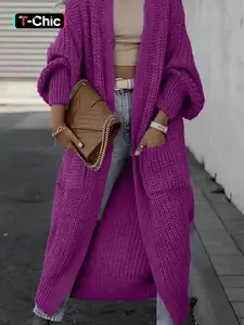 Women's Fall Winter Long Sleeve Knit Cardigan, Thick Lazy Style Loose Fit Mid-Length Sweater Coat, Elegant Casual Design with Pockets Knitwear Womenswear Casual Chic Knitwear