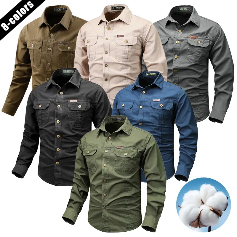 Outdoor casual long-sleeve work shirt with multiple pockets, lightweight design, pure cotton long-sleeve workwear shirt—autumn casual shirt, loose men’s outerwear top