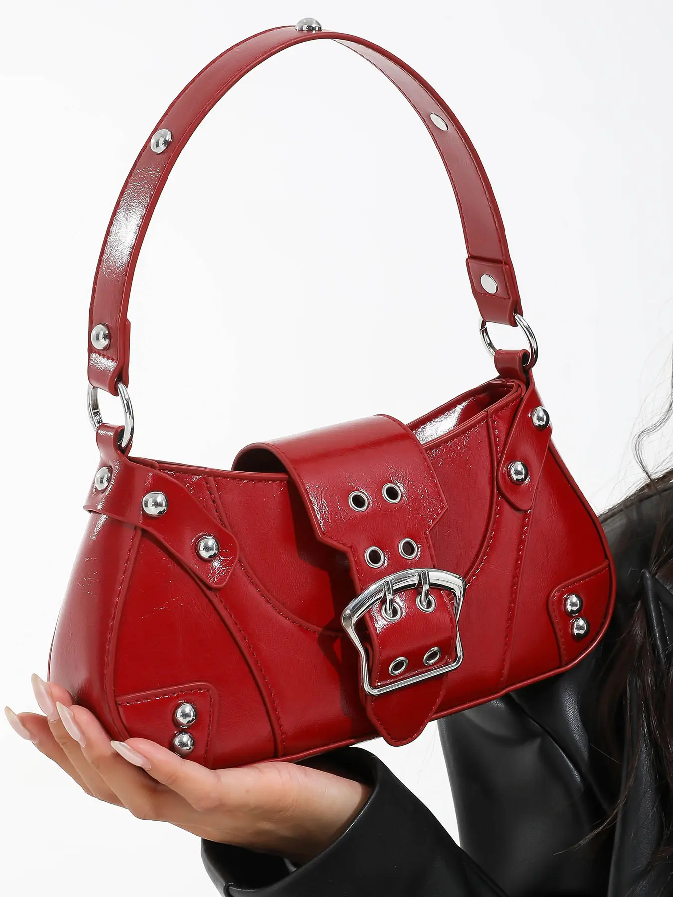 Niche retro motorcycle style metal buckle shoulder underarm bag, rivet details decorative wide shoulder strap design, small exquisite casual versatile commuter bag, Daily Crossbody Shoulder Bag, Fashion Crossbody Handbag, Everyday Crossbody Bag