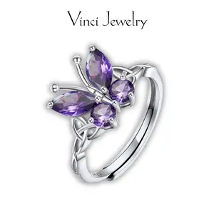 925 Sterling Silver Purple Butterfly Ring for Women Girls Sparkle Lavender Cubic Zirconia Butterfly Ring Elegant Minimalist Design Unisex Jewelry, Suitable for Everyday Wear Gift for Birthday or Mother's Day