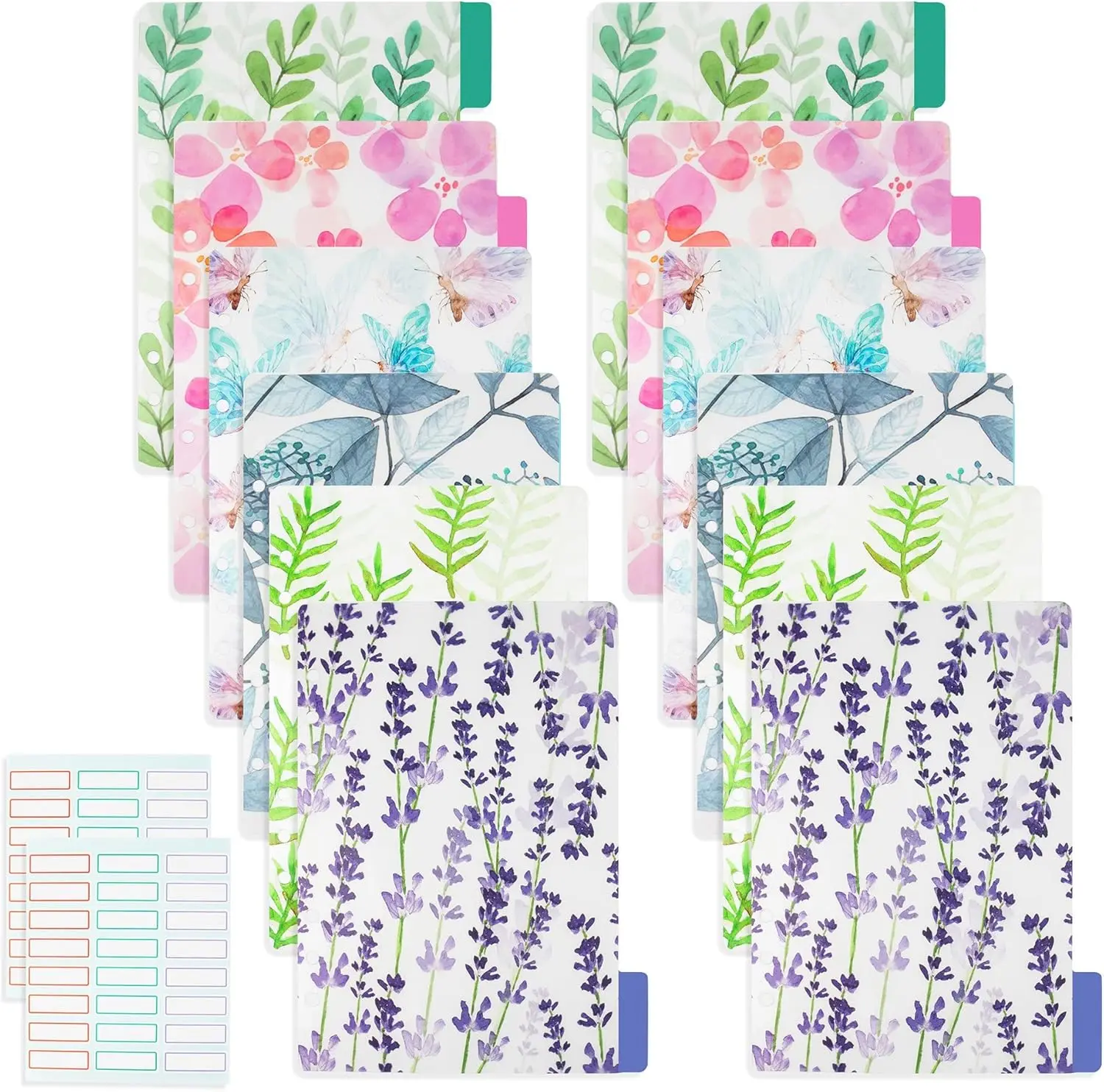 12 Pack A5 Plastic Binder Index Dividers - Insertable Page Tabs, Floral Design with Stickers for 6-Ring Notebooks, Diaries, Journals, Planners - Organize Files, Documents for Office Workers with Numbering