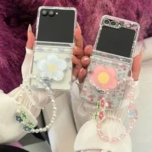 Big Flower Clear Foldable Phone Case with Flower Strap for Samsung Z Flip3/4/5/6/7 Sweet Girl INS Style Fairy Fresh Accessory