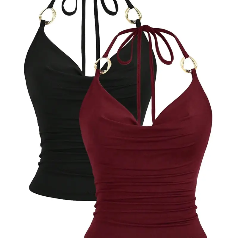 Metallic Halter Top with Ruched Neckline, Bodycon Waist Tie Backless Blouse, Bold Style Strappy Vest for Nightclub/dates/everyday Casual Wear Fit