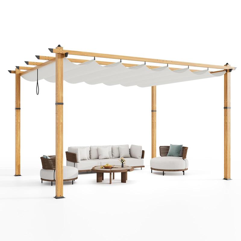 GARVEE 10' X 13' Retractable Pergola Canopy with Natural Wood Like Frame for Backyards, Gardens, Patios, Outdoor Pergola with Sun Shade Canopy,Beige