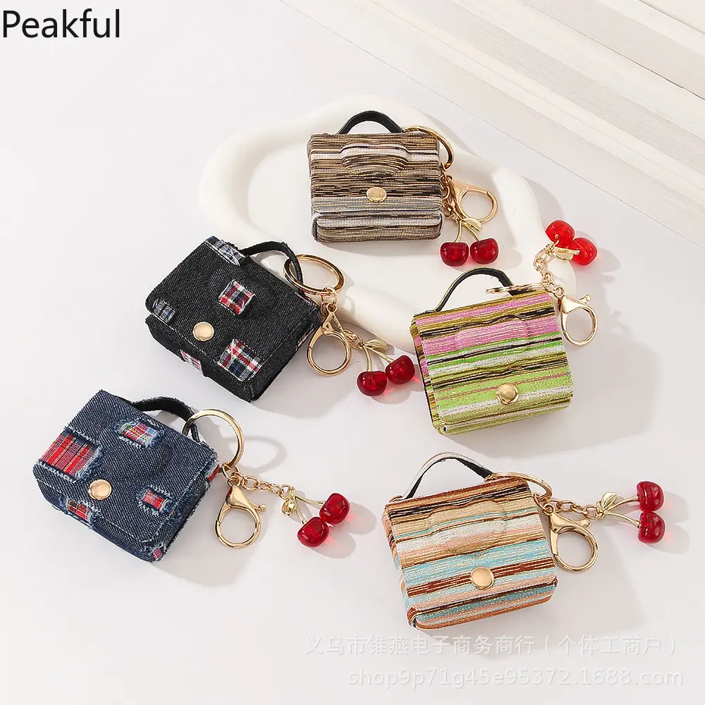 Cute Cherry Pendant Mini Bag Keychain, Popular Denim/Striped Earbud Holder, Multi-Use Tiny Purse Accessory with Cherry Charm, durable fabric & versatile design, great for AirPods storage, backpack decor, holiday gifts and casual fashion