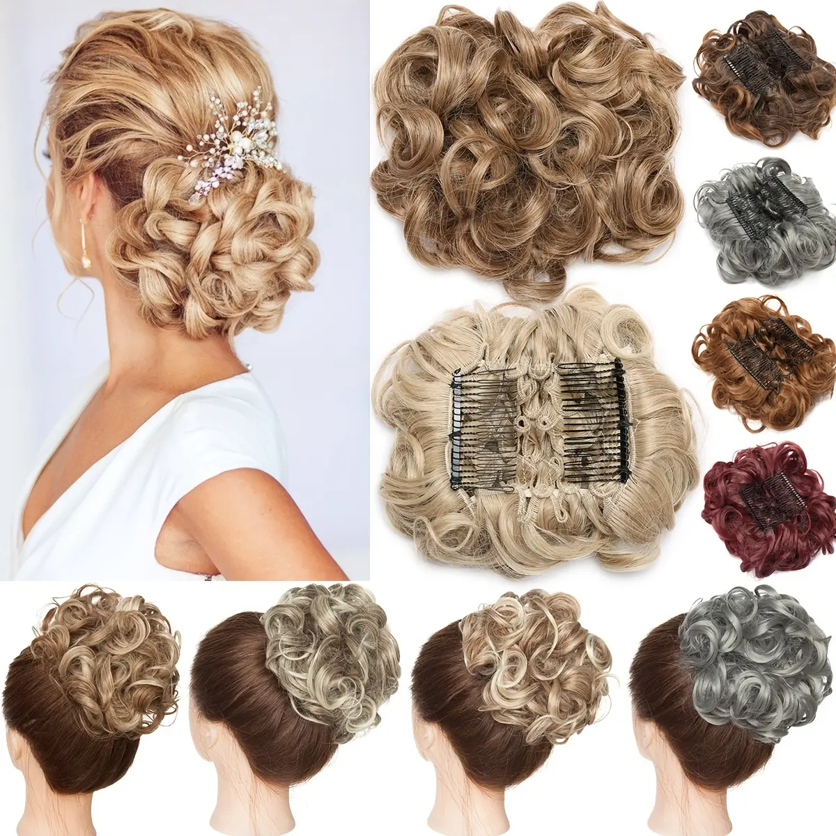Short Messy Curly Dish Hair Bun Extension Easy Stretch hair Combs Clip in Ponytail Extension Scrunchie Chignon Tray Ponytail Hairpieces Suitable for daily use Springtok Synthetic Hair Wig Synthetic Hair Topper