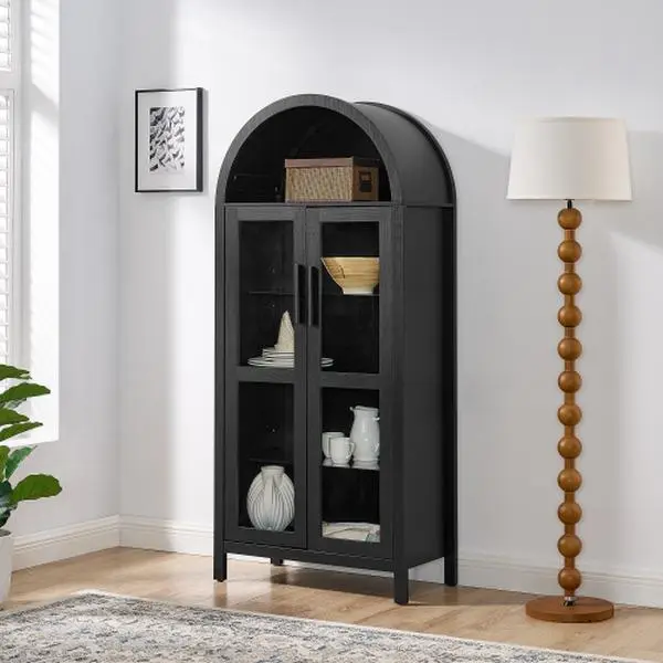 Niccae Arched Display Cabinet with Lighting, Modern Vintage Wood Storage Cabinet with Adjustable Glass Shelves, Multi-Functional Curio for Living Room, Dining Room, Entryway
