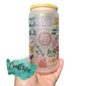 ACOTAR Inspired fantasy Book| 16oz clear or frosted glass can with bamboo lid and straw Cup Drinkware Beverage Plastic Stylish Mug