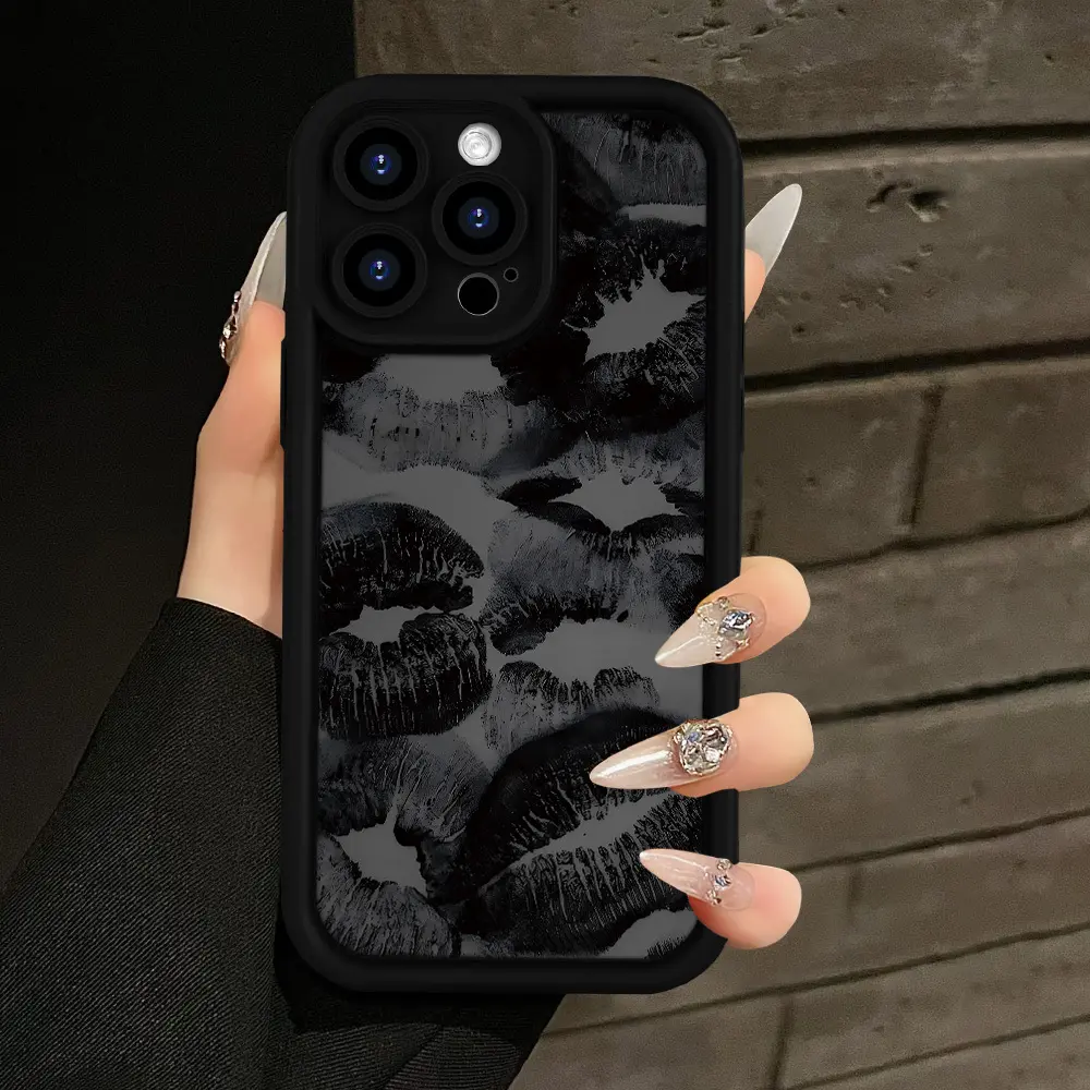 Black Lip Printing TPU Silicone Smartphone Cover - Durable, Soft, Shockproof, Waterproof Cellphone Case with Lens Protection for iPhone 17 Pro Max,16,16e,15,14 Plus,13,12 Mini,11,Air,X,XS - Cute Gift Idea, Casing