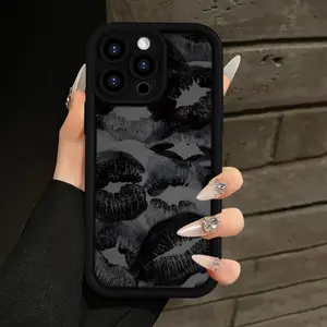 Black Lip Print Pattern Durable Soft iPhone Case for iPhone 17 Pro Max 16 16e 15 14 Plus 13 12 Mini 11 Air X XS Shockproof TPU Cover with Lens Protection, Cute Gift Idea