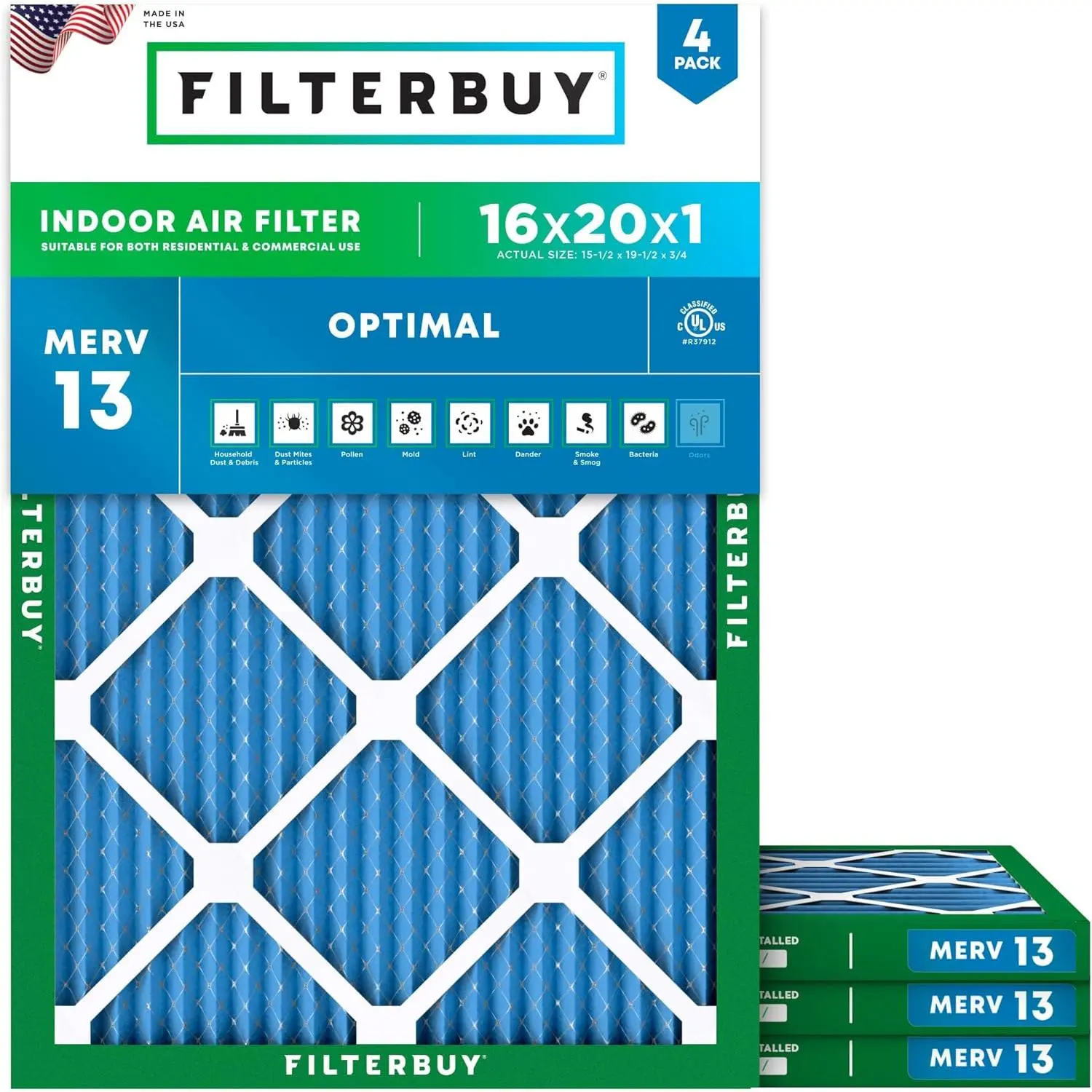 Filterbuy 16x20x1 Air Filter (4-Pack), Pleated MERV 13 Optimal Defense HVAC AC Furnace Air Filters (Actual Size: 15.50 x 19.50 x 0.75 Inches)