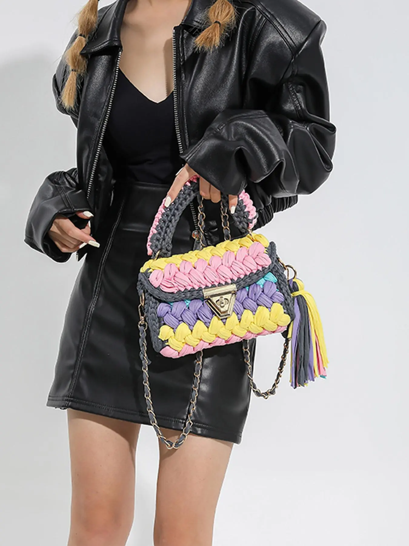 Women's Colorblock Braid Design Tassel Decor Handbag, Fashionable Handbag with Turn Lock Design, Casual Trendy Versatile High-quality Daily Commuting Bag, Hand Shoulder Bag, Trendy Commuter Bag
