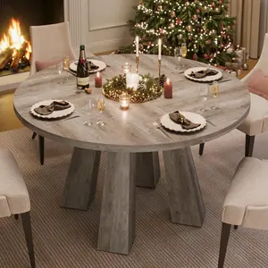 Garvee 47" Round Dining Table for 4-6 People, Wood Kitchen Table with Sturdy Base and 4 Strong Legs, Farmhouse Style Circle Dinner Table in Grey for Dining Room or Living Room
