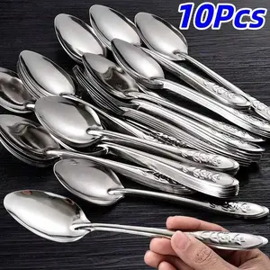 10 Piece Stainless Steel Spoons Set,6.5Inch Stainless Steel Tea Spoon,Silver Long Handle Dessert Watermelon Scoops,Tablespoon,Ice Cream Spoons For Home,Kitchen Or Restaurant Coffee Spoons