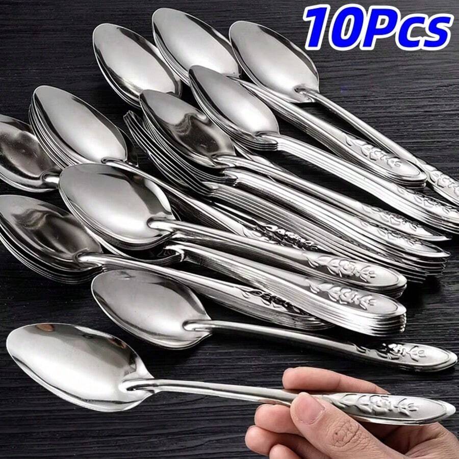 10 Piece Stainless Steel Spoons Set,6.5Inch Stainless Steel Tea Spoon,Silver Long Handle Dessert Watermelon Scoops,Tablespoon,Ice Cream Spoons For Home,Kitchen Or Restaurant Coffee Spoons