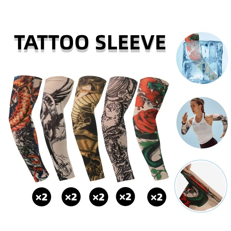 5-Pair Fake Tattoo Arm Sleeves Pack for Men & Women, 16.3" Sporty Nylon Protective Sleeves with UV Sun Protection, Outdoor Sports Gear, Sleeves Packs