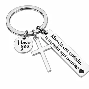 Maneja Con Cuidado Te Necesito Aquí Conmigo Keychain with Cross & "I Love You" Charm, Spanish Drive Safe Stainless Steel Keyring, Romantic Religious Gift for Him/Her
