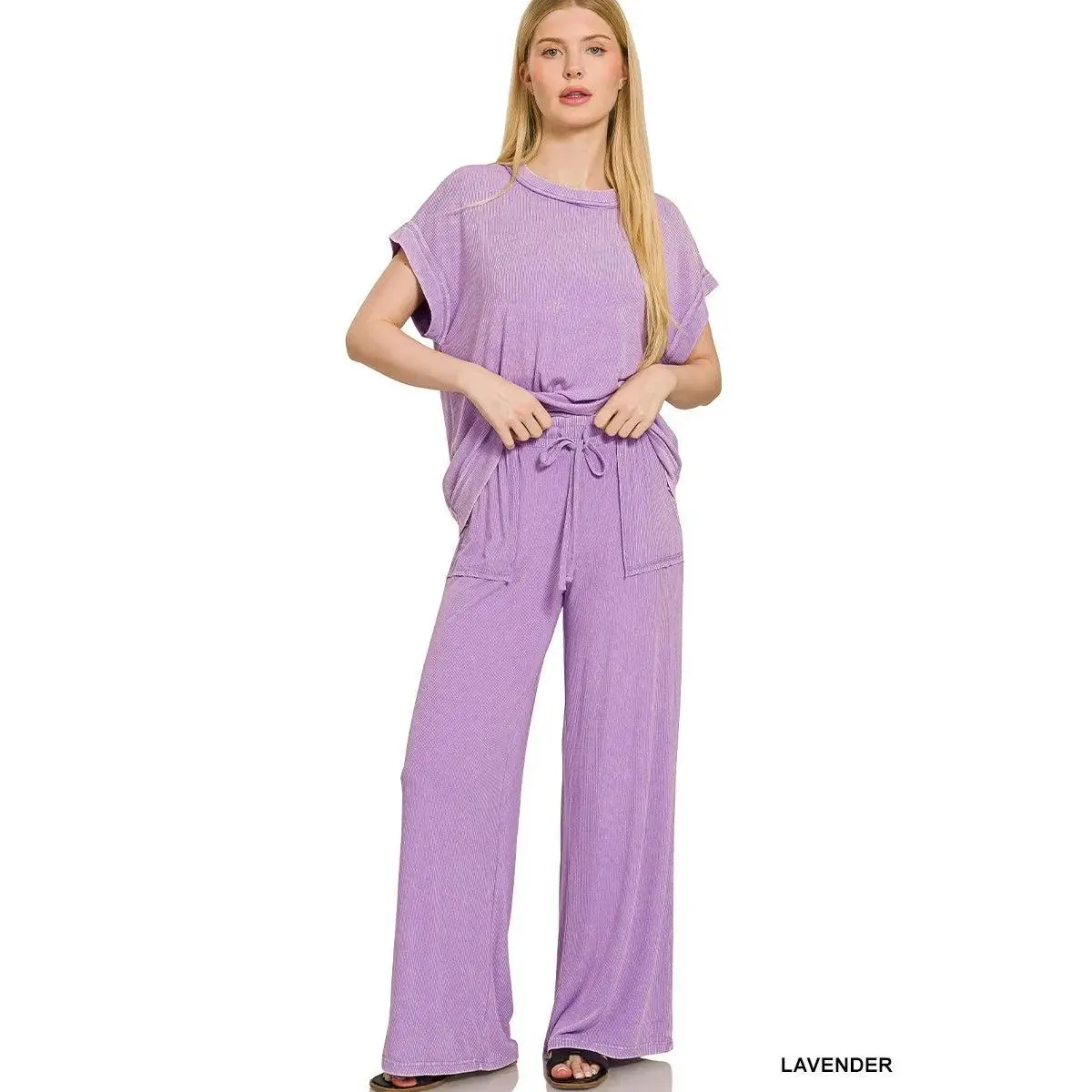 Zenana Ribbed Acid Wash Rayon Top & Pants Set