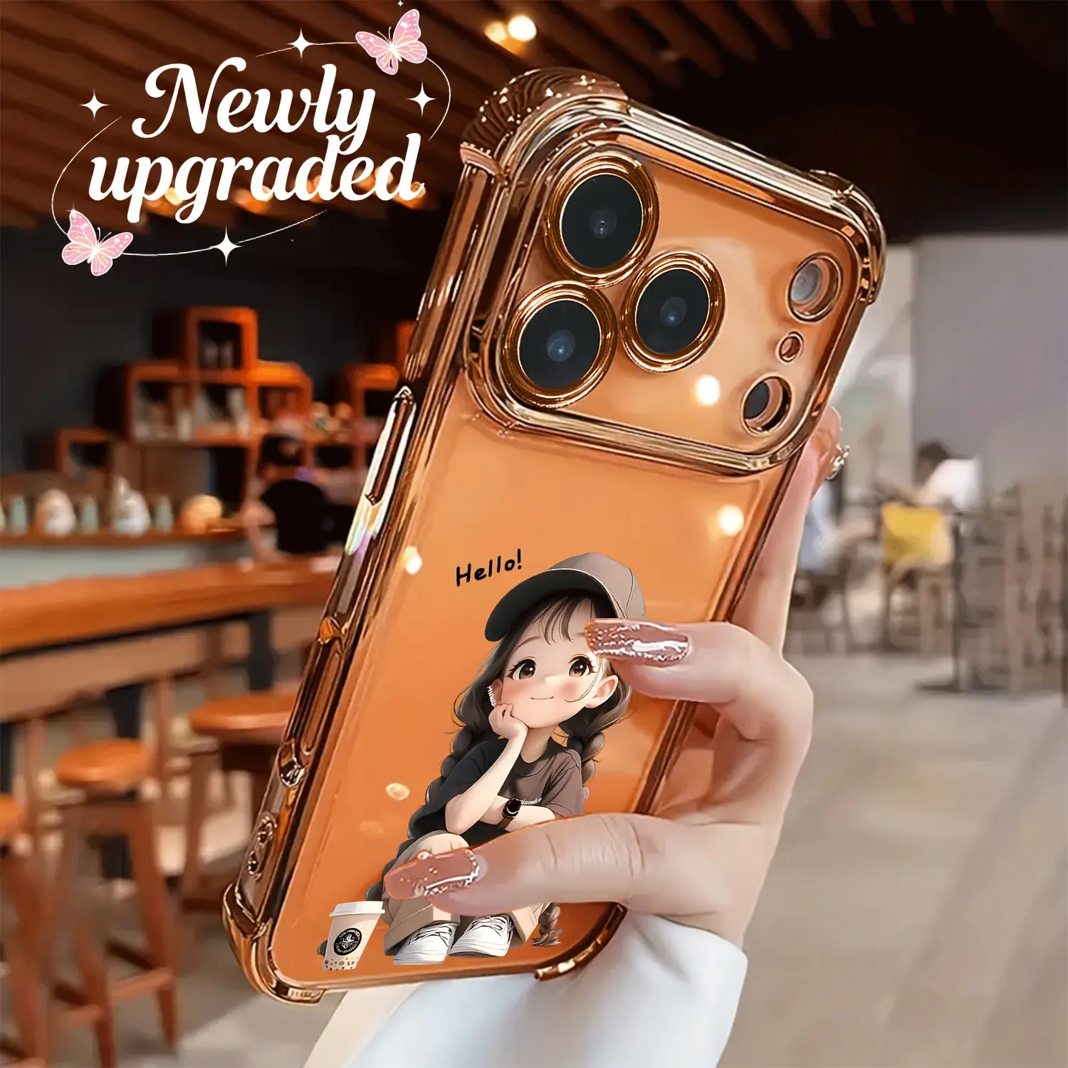 Gold Electroplated Transparent TPU Airbag Cellphone Case - Baseball Cap Girl Design, Shockproof Soft Protection for Multiple iPhone Models Including 11,12,13,14,15,16,17 Pro Max, Stylish Handheld Mobile Accessory, Iphone 17