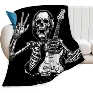 Skull Blanket Soft Fuzzy Fleece Rock and Roll Music Throw Blanket Decor Cozy Warm Funny Gothic Skeleton Plush Flannel Blanket Gifts for Kids Adults Home Chair Sofa Couch Bed