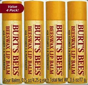 Burt's Bees 4 Pack 100% Natural Moisturizing Lip Balm Original Beeswax with Vitamin E & Peppermint Oil for Moisture Matte Finish Cucumber Extracts