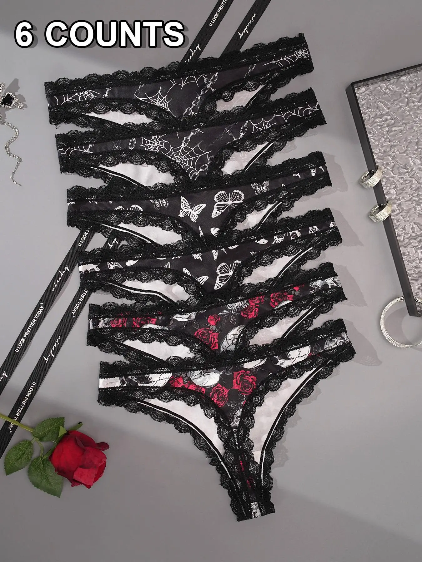 Women's Halloween Themed Contrast Lace Thong, Soft Comfy Breathable Drop Waist Panty for Daily Wear, Ladies Underwear for All Seasons, Fashion Breathable Underwear, Lace Trim Panty, Soft Comfy Breathable Knickers, Breathable Comfy Panties
