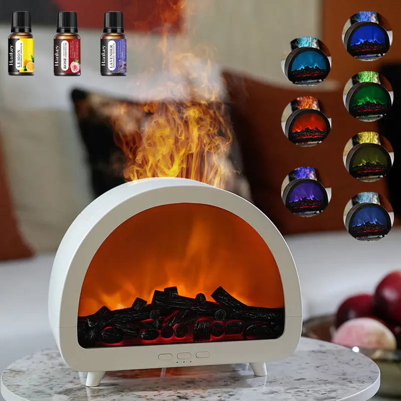 Flame Diffuser Humidifier – Half-Round Fireplace Design, Retro Charcoal-Style LED Flame with Multi-Color Ambient Light, US Plug Aromatherapy Mist Maker with Night Light, Timer & Auto Shut-Off, Ideal Home Décor & Christmas Holiday Gift
