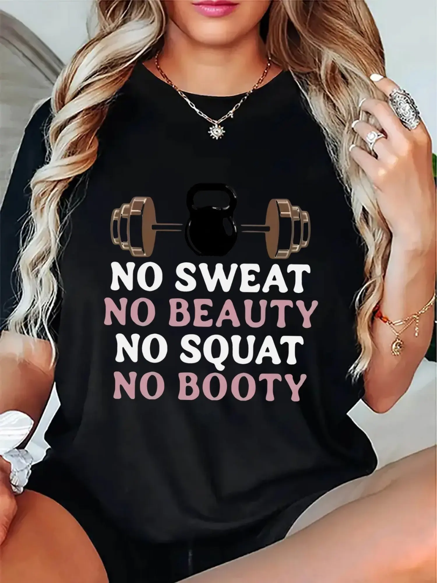 Unisex Motivational Gym Cotton T-Shirt No Sweat No Beauty No Squat No Booty Workout Tee with Dumbbell Graphic Medium Stretch Fabric| Fitness Enthusiasts Wear