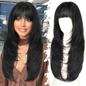 Long Straight Layered Wig with Bangs for Women 26 inch Put on Go Realistic Synthetic Fiber Heat Resistant Natural Wig for Girls Party Cosplay and Daily Use