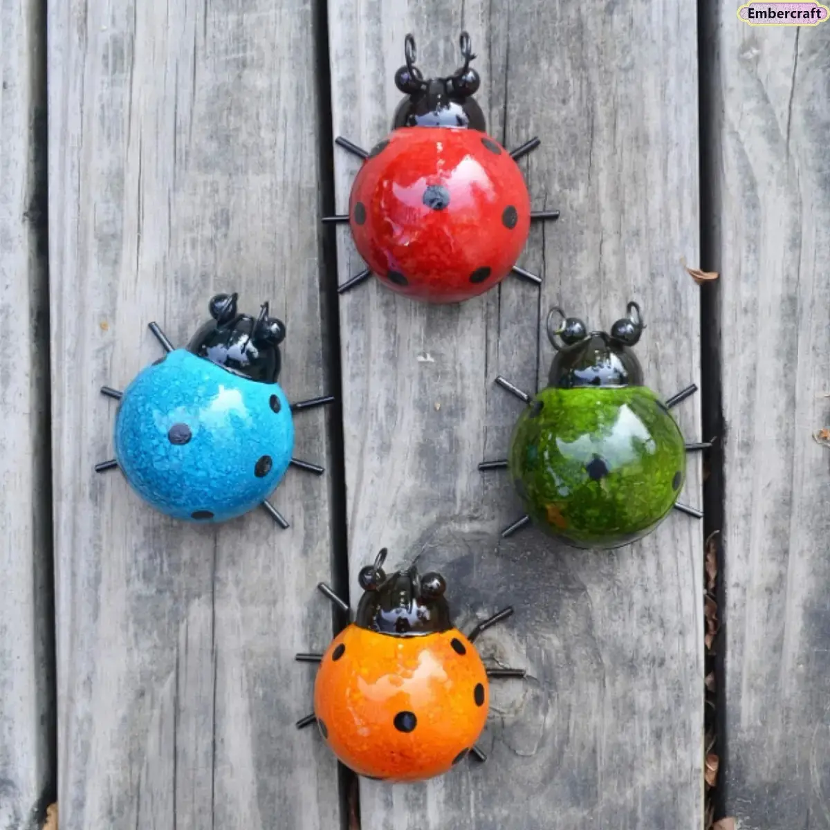 Decorative Garden Wall Art, Set of 4 Painted Metal Ladybug Statues, Whimsical & Weatherproof for Outdoor Patio, Porch & Backyard, Garden Lovers, 3.75" X 3.5" X 2"