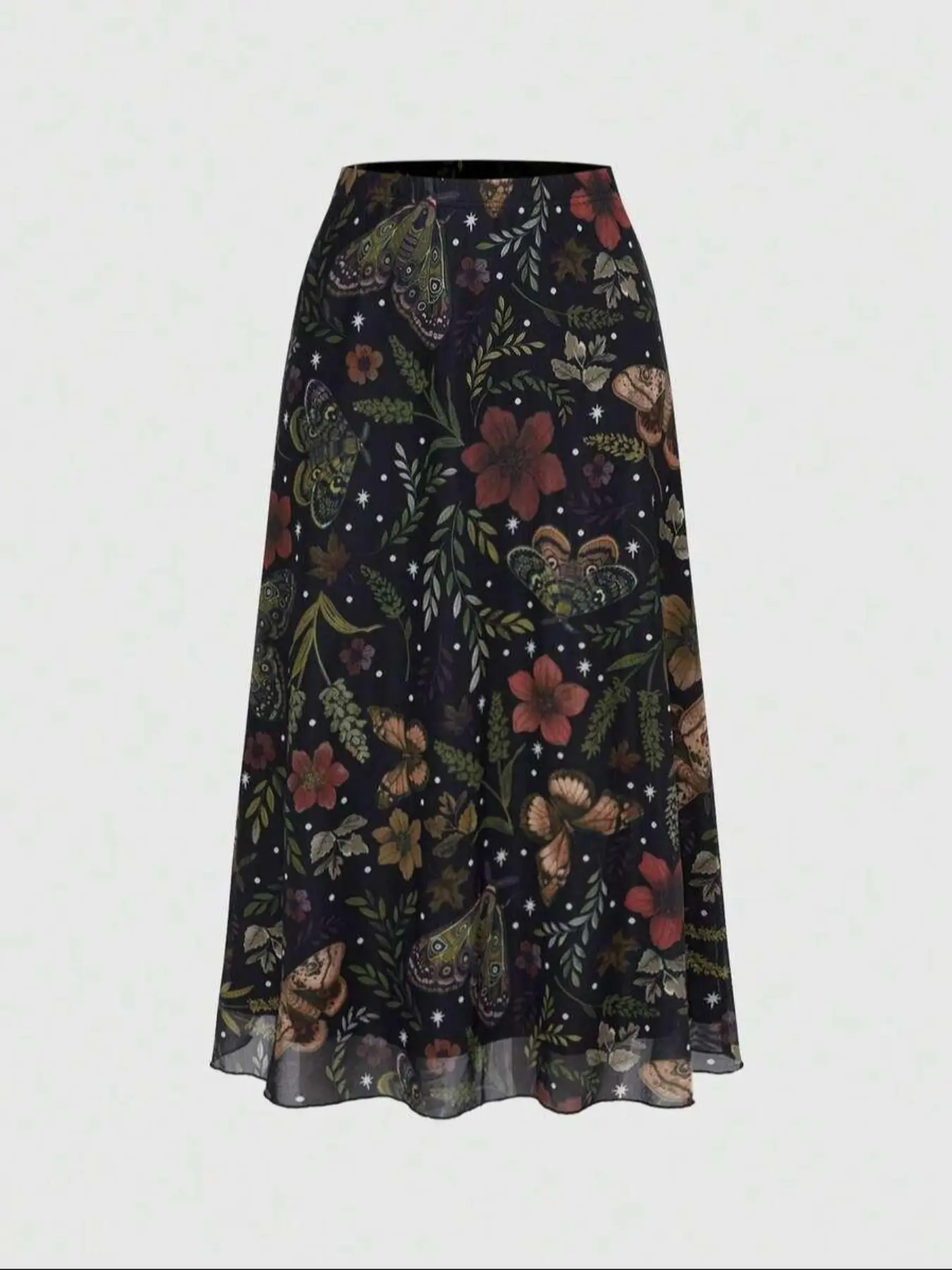 Fairycore Women's Gothic Punk A-Line Skirt, Bat Butterfly Spider Print, Leaf Pattern, All Seasons, Elegant Party Dress, Long Flared Skirt