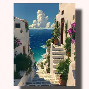 DIY Paint by Numbers Kit - Sunny Mediterranean Coast Azure Sea & White Houses Canvas Art, Beginner-Friendly Calming Wall Art for Living Room Home Decor (Toys & Hobbies DIY Painting Supplies)