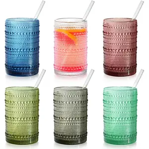 Colored Hobnail Drinking Glasses with Straws, 15 oz Vintage Drinking Glasses Set of 6, Embossed Highball Cups Textured Glass Cups for Kitchen, Beer, Juice, Cocktail, Whiskey, Milk Aesthetic Drinkware