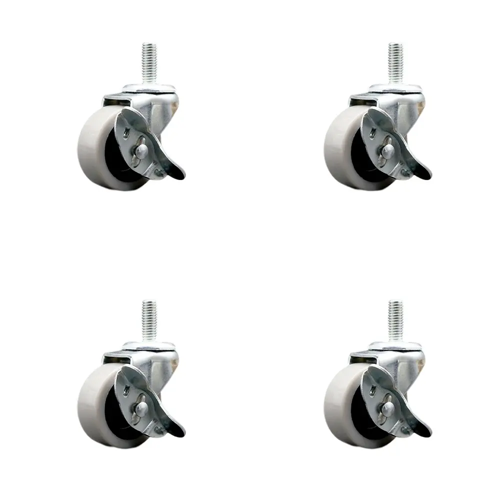 2 Inch Swivel Polyurethane Caster Wheels and 5/16 Inch - 18 TPI x 1 Inch Threaded Stem Caster and Brake - 360 lbs. Total Capacity - Set of 4 - Service Caster Brand