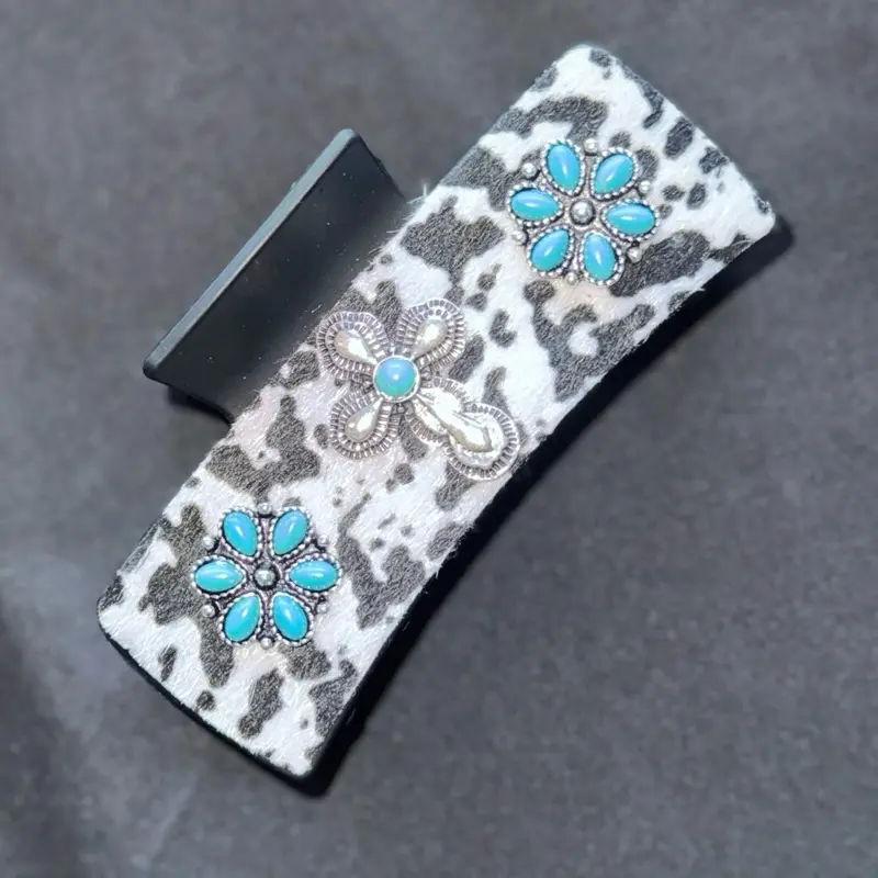 Cow Skin Turquoise & Cross Hair Clip - Unique Design Accessory for Stylish Everyday Wear