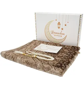 Luxury Velvet Prayer Rug Ramadan Gift Box Set with Prayer Beads - Floral Stamp Mink