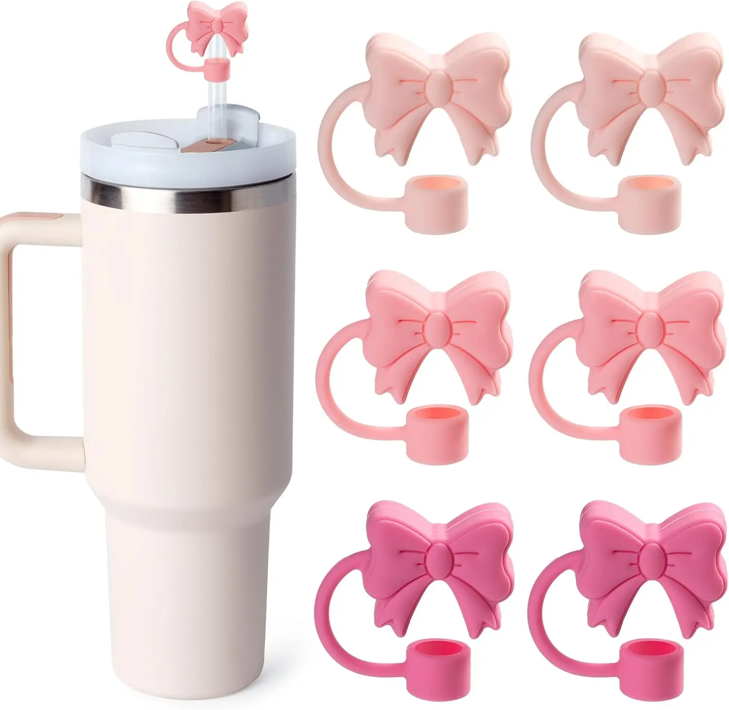 6 count Bow Straw Toppers, Cute Straws Covers for  30&40 Oz Tumbler with Handle, 10mm Dust-Proof Drinking Straw Dispensers Topper Cap for Girls  (Peony )