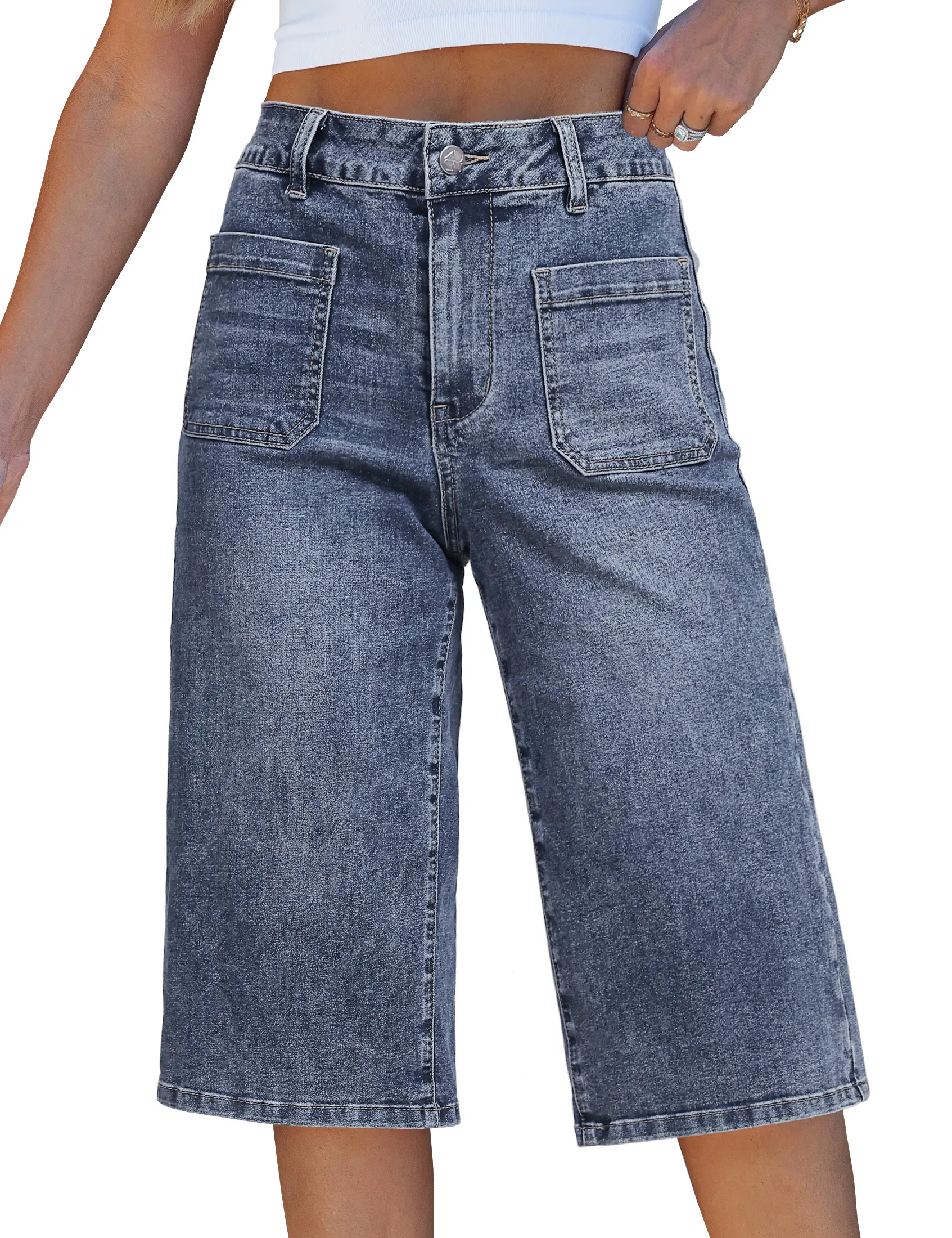 luvamia Capri Jeans for Women Wide Leg Trendy High Waisted Patch Pocket Loose Straight Casual Stretchy Denim Capri Pants,back to school shopping