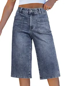 luvamia Capri Jeans for Women Wide Leg Trendy High Waisted Patch Pocket Loose Straight Casual Stretchy Denim Capri Pants