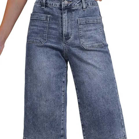 luvamia Women's High-Waisted Wide-Leg Stretchy Denim Capri Jeans, Loose Casual Pants with Patch Pockets, Zipper, Button Details for Everyday Wear (Pair with Crop Tops, Blouses)