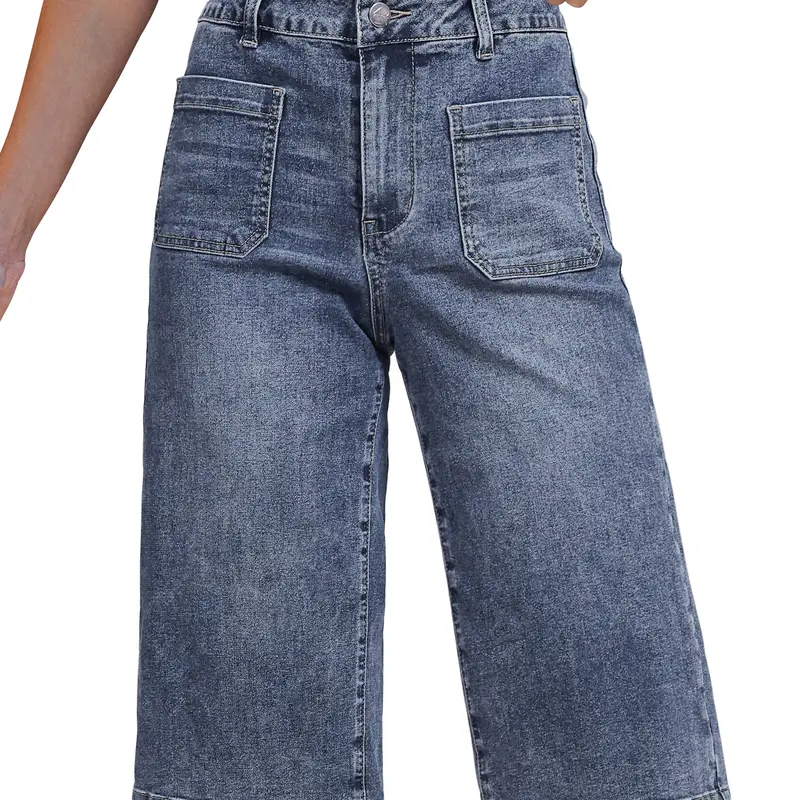 luvamia Women's High-Waisted Wide-Leg Stretchy Denim Capri Jeans, Loose Casual Pants with Patch Pockets, Zipper, Button Details for Everyday Wear (Pair with Crop Tops, Blouses)