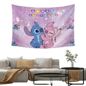 Disney Stitch Birthday Party Tapestry Happy Birthday Design with Stitch and Angel Characters for Kids Room Decor Ideal for Parties