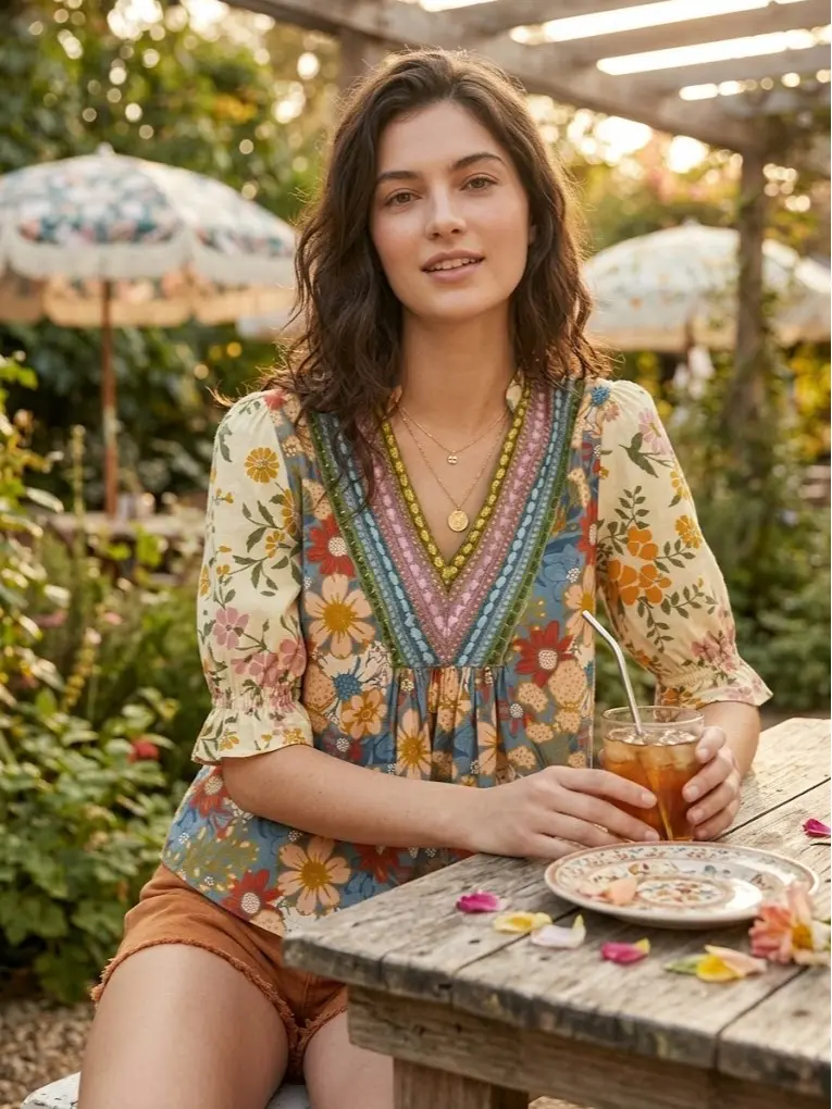 PHEFEE Women's Peplum Blouse, Boho Multicolour Floral Patchwork, Crochet V-Neck with Flared Ruffle Half Sleeves, Loose Summer Tunic Top, Pleated, Tropical, Oversized, Shirt, Linen, Denim