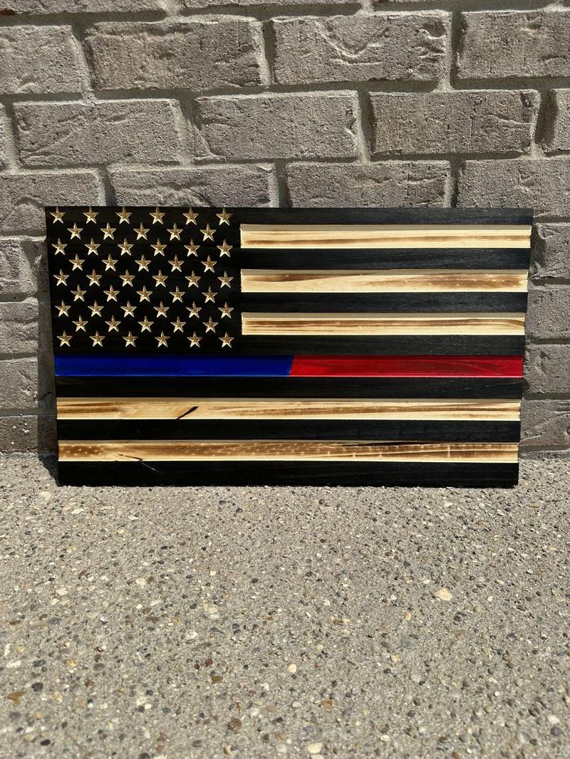 Custom engraved wooden American flags for police, firefighters, veterans or active duty military make great decor and hangable.