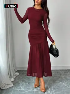 Women's solid color elegant formal Fit pleated mesh patchwork long-sleeved dress Womenswear. The patchwork design makes it suitable for everyday dates and travel, parties, elegant evening wear, commuting, nightclubs, and dates.